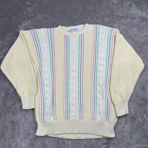 VTG Braemar Pastel Striped Cable Crewneck Sweater Cotton Size L Preppy Easter